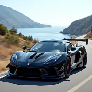 Carro esportivo preto com aerofólio em estrada costeira.