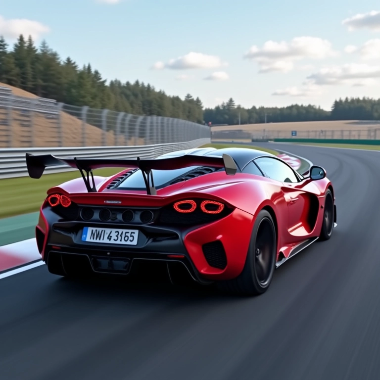 Carro esportivo vermelho em alta velocidade com aerofólio.