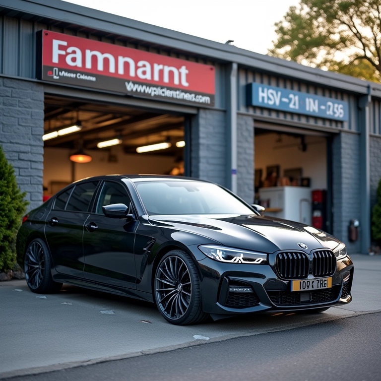 Carro estacionado em frente a uma oficina mecânica com sinalização clara.