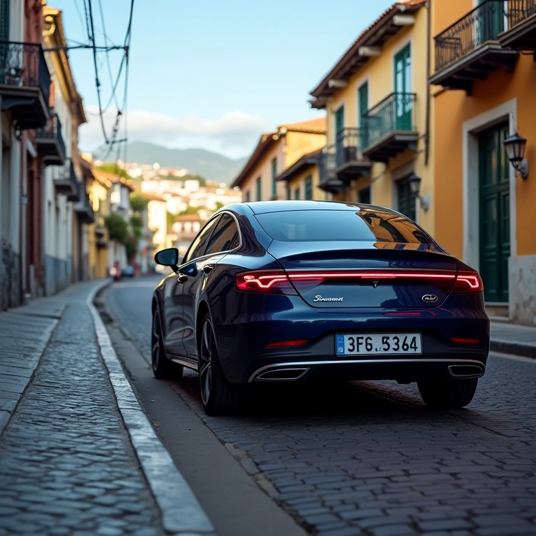 Carro estacionado em ladeira íngreme com freio de mão eletrônico acionado.