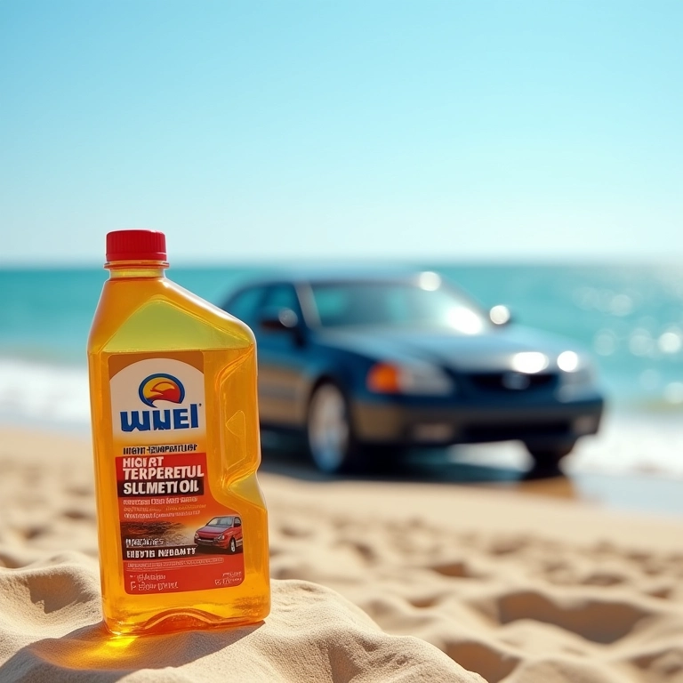 Carro estacionado em praia ensolarada, óleo de alta temperatura em primeiro plano.