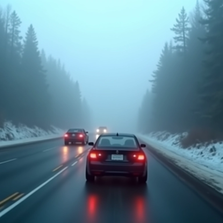 Carro evitando ultrapassagens em uma estrada com neblina.