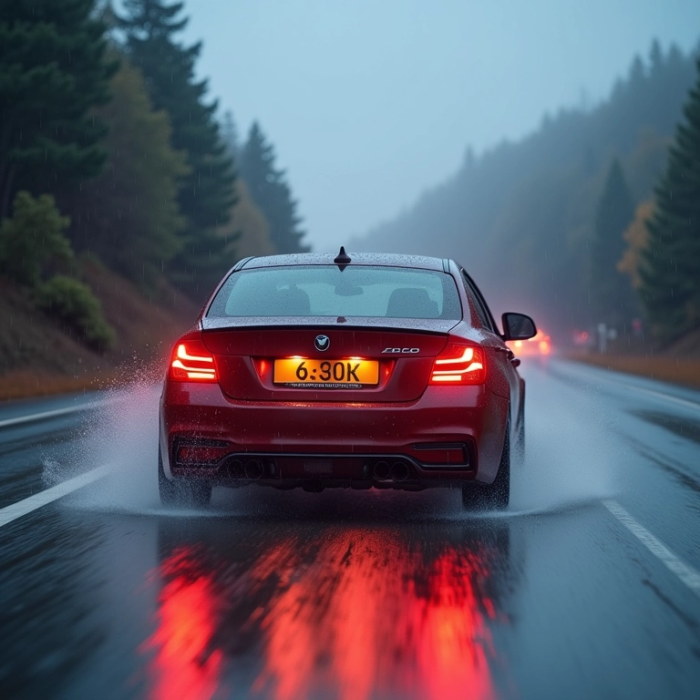 Carro freando em pista molhada com aerofólio.