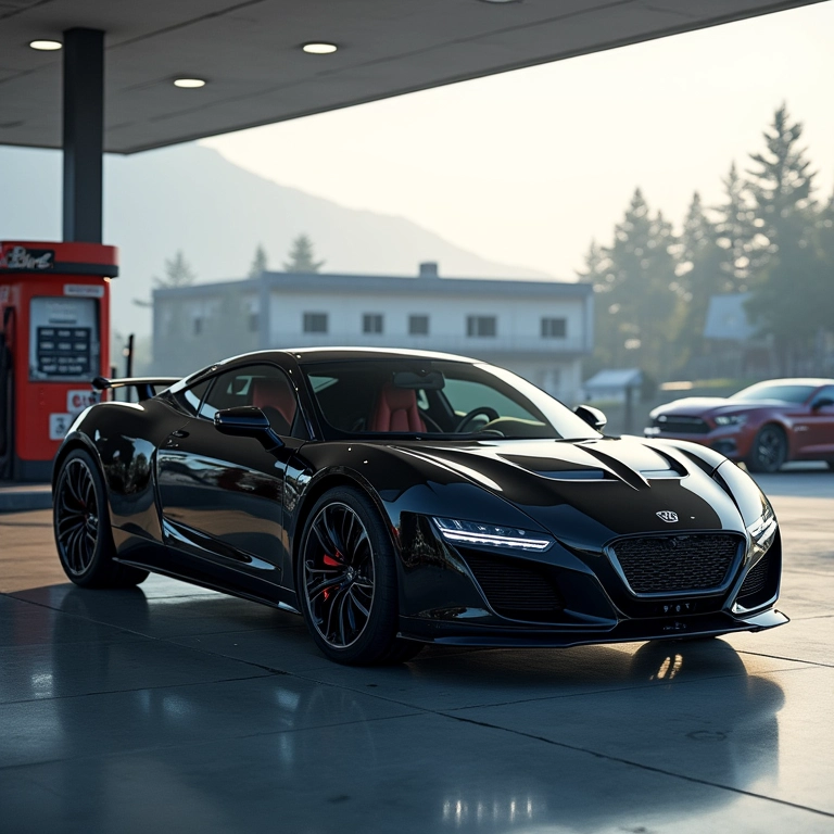 Carro moderno no posto de gasolina com motor turbo.