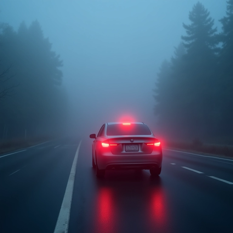 Carro parado em local seguro devido à neblina densa.