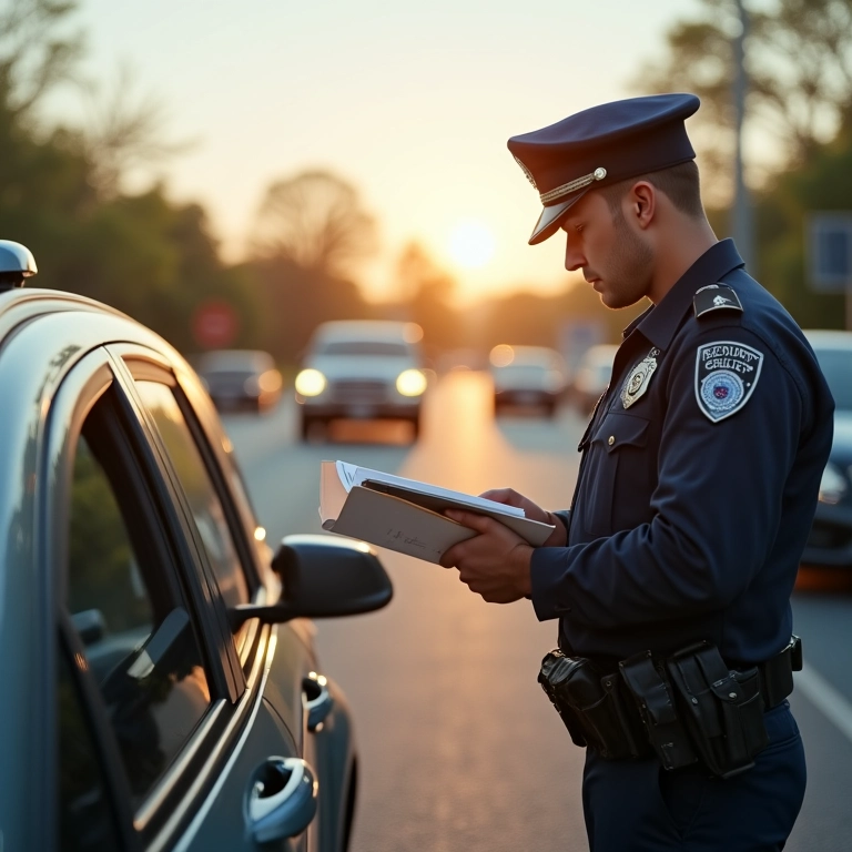Carro parado pela polícia de trânsito, oficial checando documentos.