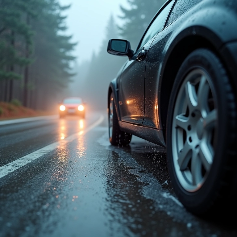 Carro perdendo estabilidade em pista molhada.