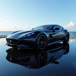 Carro preto reluzente com reflexo perfeito, demonstrando brilho espelhado após aplicação de cera.