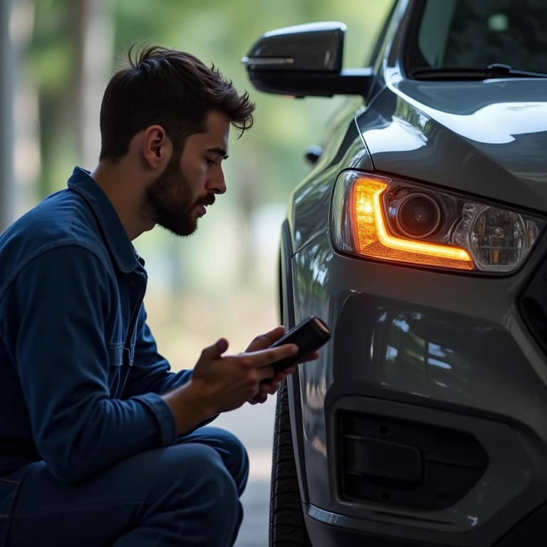 Carro reprovado em inspeção veicular por faróis desregulados.