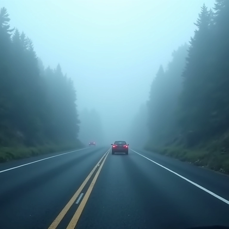 Carro seguindo as linhas da pista como guia na neblina.