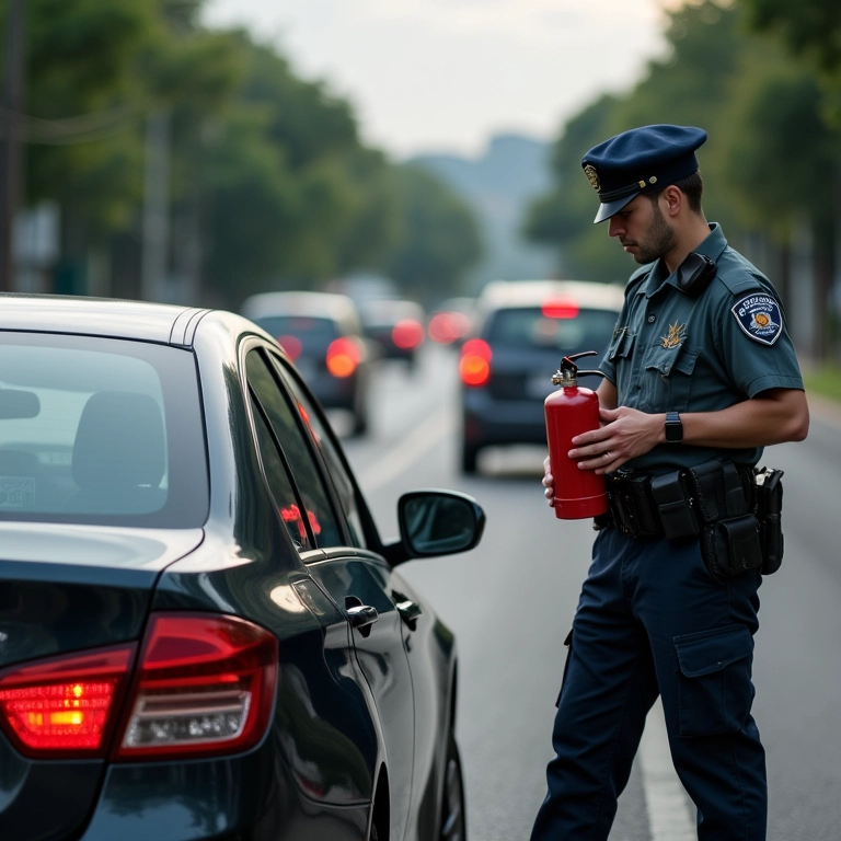 Carro sendo parado por um agente de trânsito, verificando a presença do extintor.