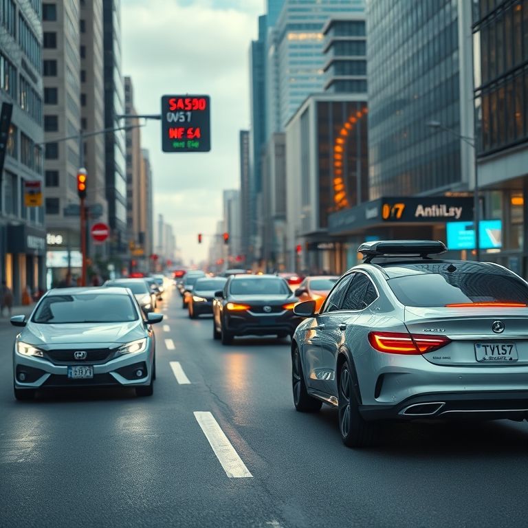 Carros autônomos em uma cidade inteligente, com gerenciamento de tráfego avançado.