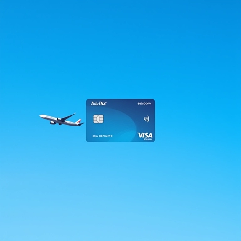 Cartão Azul Itaú Visa Infinite com um céu azul e silhueta de avião, representando viagens e milhas aéreas.