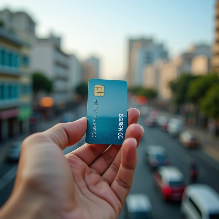 Cartão BNDES em mãos, cidade ao fundo.