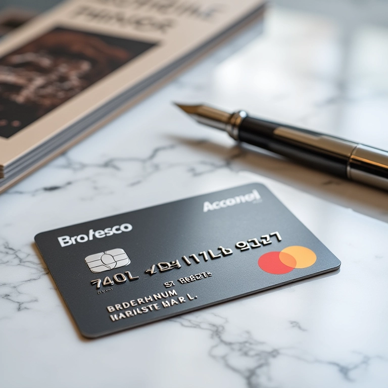 Cartão Bradesco Aeternum Visa Infinite em uma superfície de mármore com revistas de viagem e caneta tinteiro.