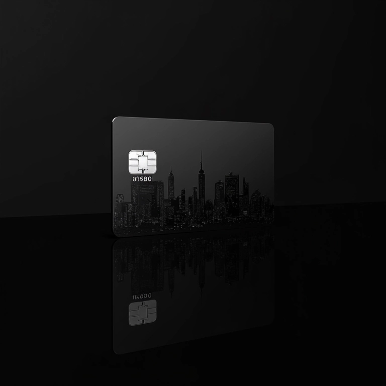 Cartão C6 Carbon Mastercard Black com reflexo de uma cidade futurista, representando inovação e tecnologia.