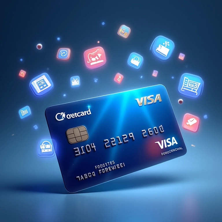 Cartão Credicard On Visa Internacional com ícones de compras online, representando facilidade e benefícios digitais.