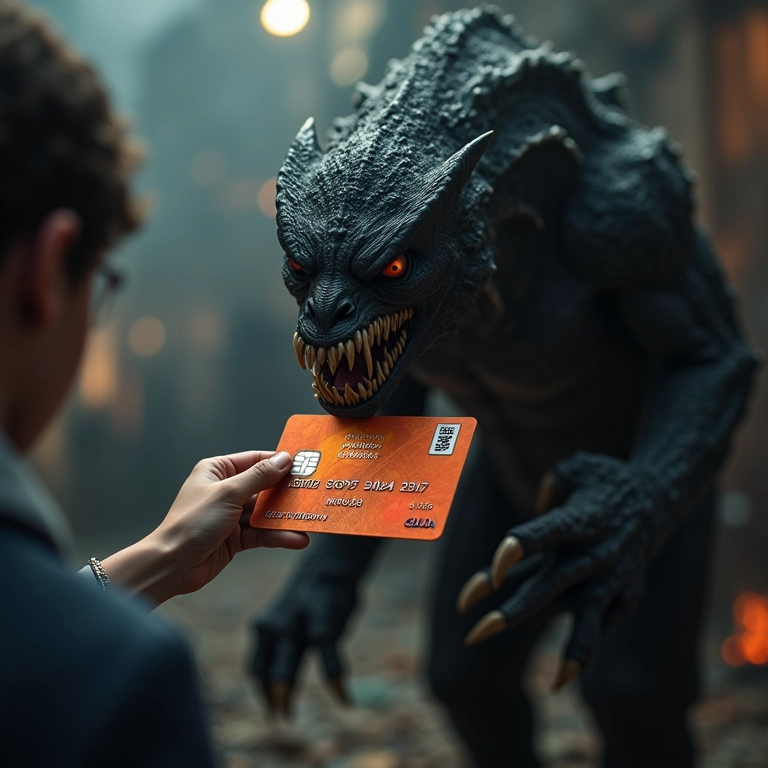 Cartão de crédito se transformando em um monstro prestes a atacar uma pessoa.