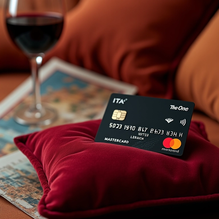 Cartão Itaú The One Mastercard Black em uma almofada de veludo com vinho e roteiro de viagem, simbolizando luxo e viagens.