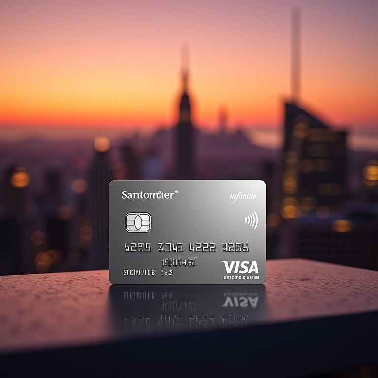 Cartão Santander Unlimited Visa Infinite com um horizonte urbano elegante ao pôr do sol.