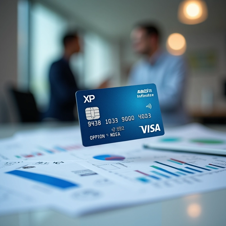 Cartão XP Visa Infinite flutuando sobre uma mesa de escritório moderna, simbolizando benefícios financeiros e de viagem.