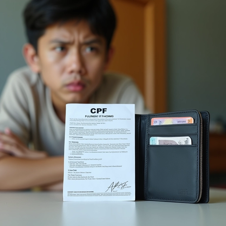 Carteira vazia ao lado de documento CPF, com rosto preocupado ao fundo.