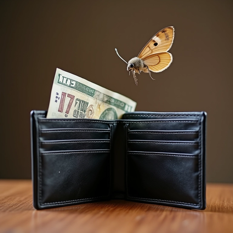 Carteira vazia com uma traça, simbolizando a falta de economias.