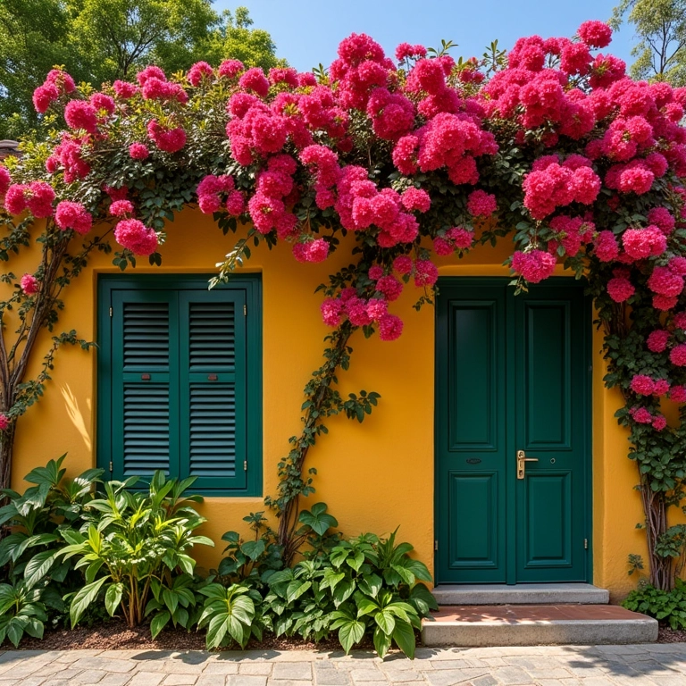 Casa brasileira com muro coberto de trepadeiras floridas, destacando os benefícios estéticos e ambientais.