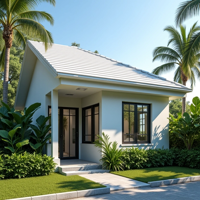 Casa com telhado branco refletindo a luz solar.