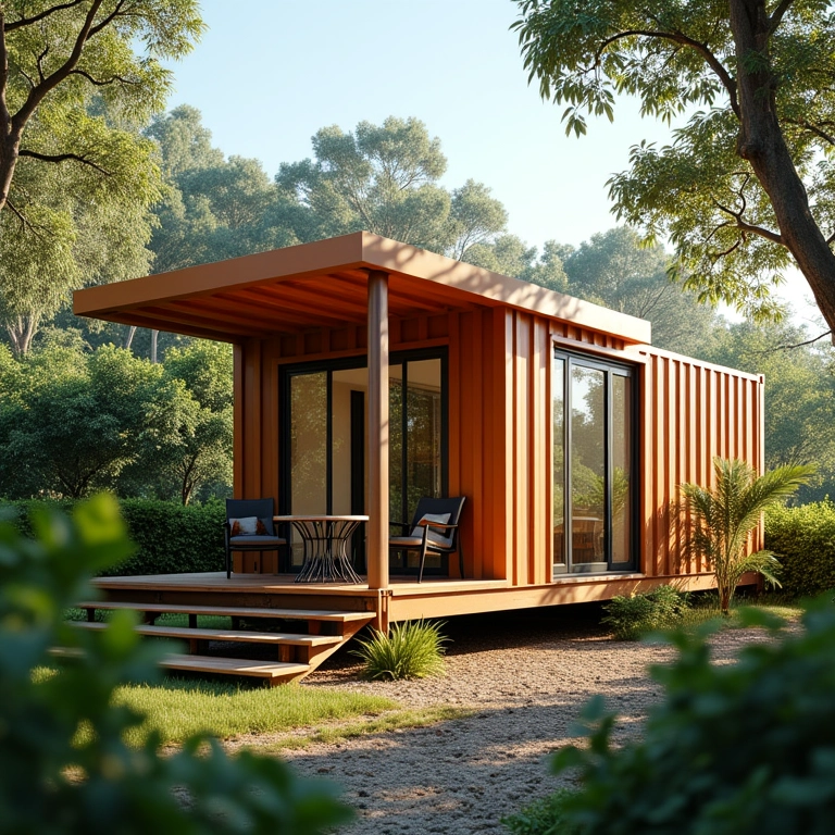 Casa container com toldos e árvores para proteção solar.