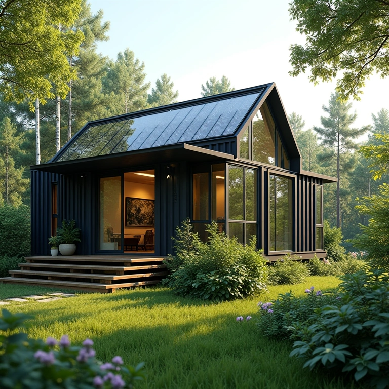Casa container integrada à natureza com painéis solares e sistema de captação de água da chuva.
