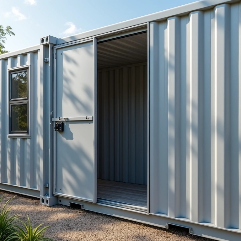 Casa container segura com porta reforçada e sistema de alarme.