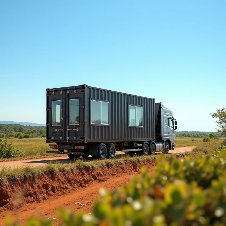 Casa container sendo transportada em um caminhão por uma paisagem brasileira.
