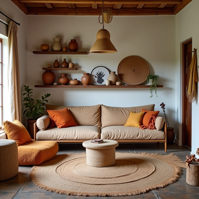 Casa de campo decorada com peças de artesanato local e objetos decorativos com história.