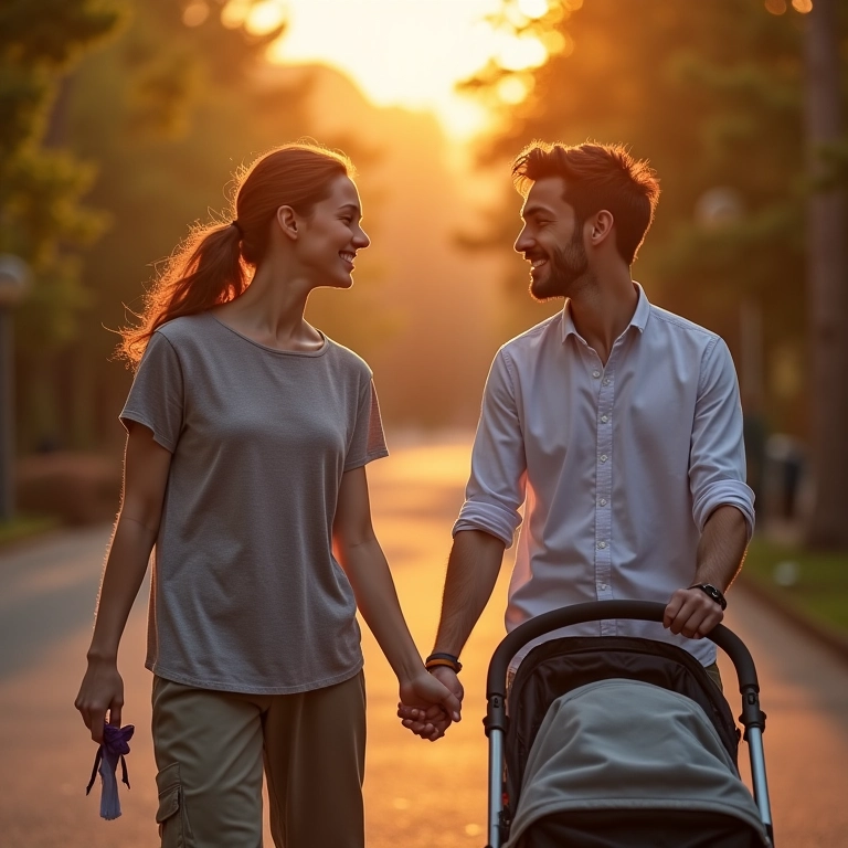Casal assexual sorrindo com um bebê em um carrinho, mostrando que pessoas assexuais podem ter filhos.