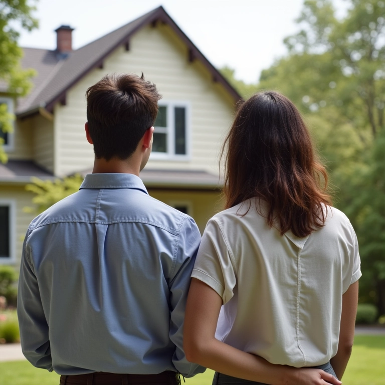 Casal avaliando um imóvel antes de um leilão.