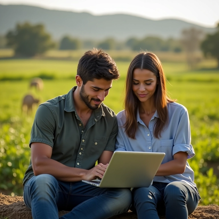 Casal brasileiro analisando opções de investimento em CRIs e CRAs com paisagem rural ao fundo.