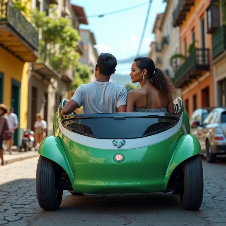Casal brasileiro compartilhando um carro elétrico em um bairro vibrante do Rio de Janeiro, transporte eco-friendly.