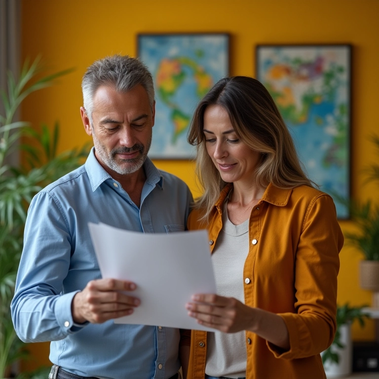 Casal brasileiro de meia-idade consolidando sua carteira de investimentos.