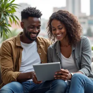 Qual a Melhor Época Para Comprar Carro? Dicas Para Economizar Casal brasileiro pesquisando preços de carros online, sorrindo.
