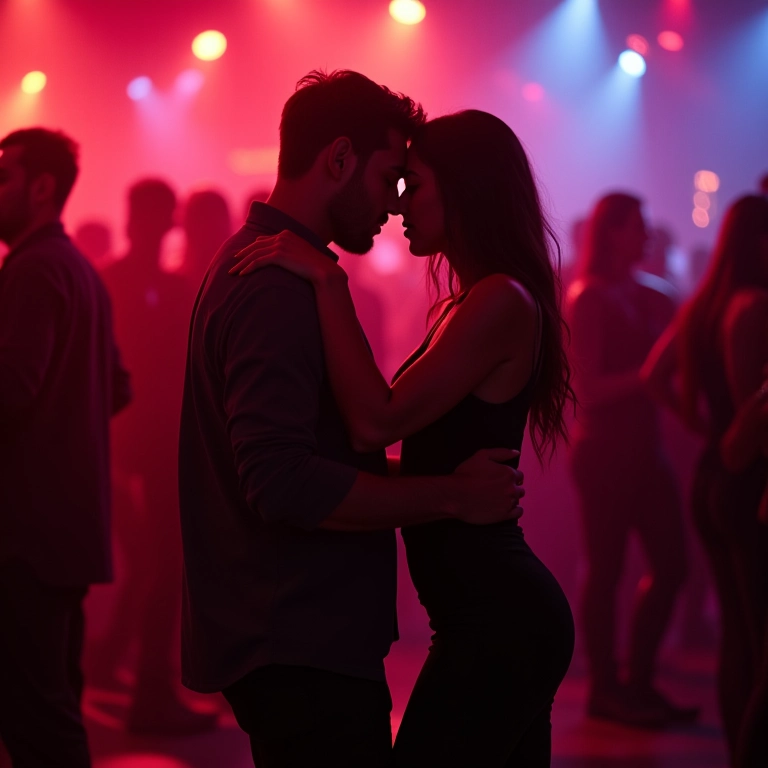 Casal dançando reggaeton em boate com iluminação vibrante.