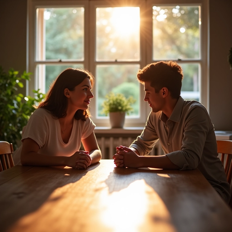 Casal discutindo regime de bens em união estável em ambiente aconchegante.