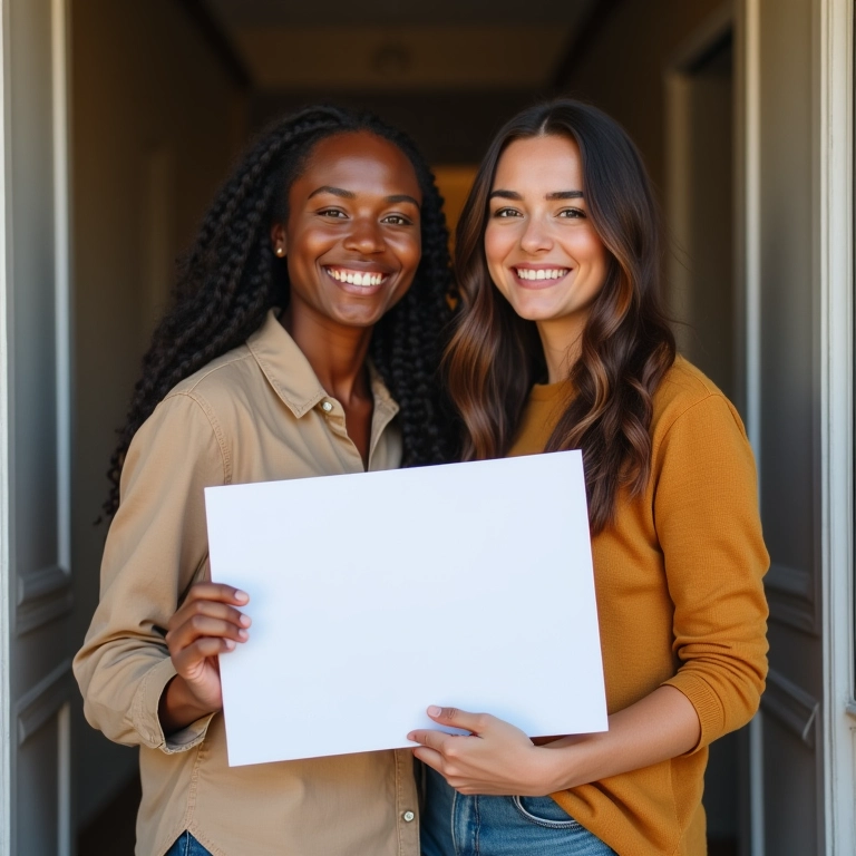 Casal diverso segurando papéis de adoção, representando adoção conjunta de filhos.