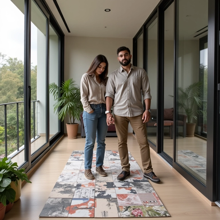 Casal escolhendo pisos e revestimentos para a sacada, com amostras de azulejos coloridos.