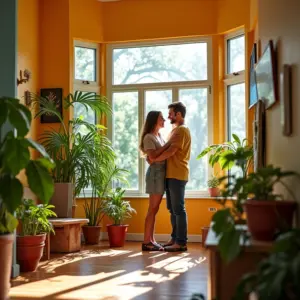 Casal feliz renovando apartamento antigo com estilo brasileiro e muita luz natural.