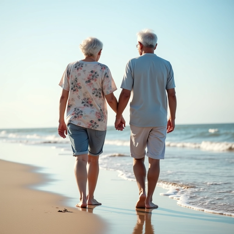 Casal idoso caminhando na praia, mostrando relação entre idade e estalos.