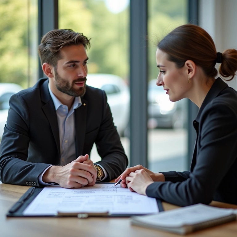 Casal negociando com vendedor de carros em março ou abril.