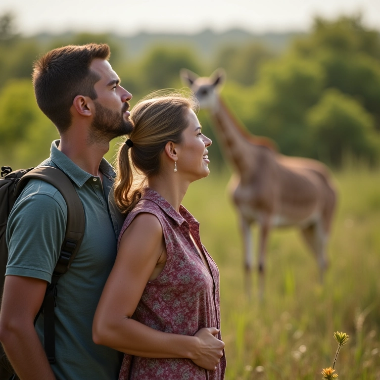 Casal observando animais selvagens durante um tour ecológico no Pantanal.