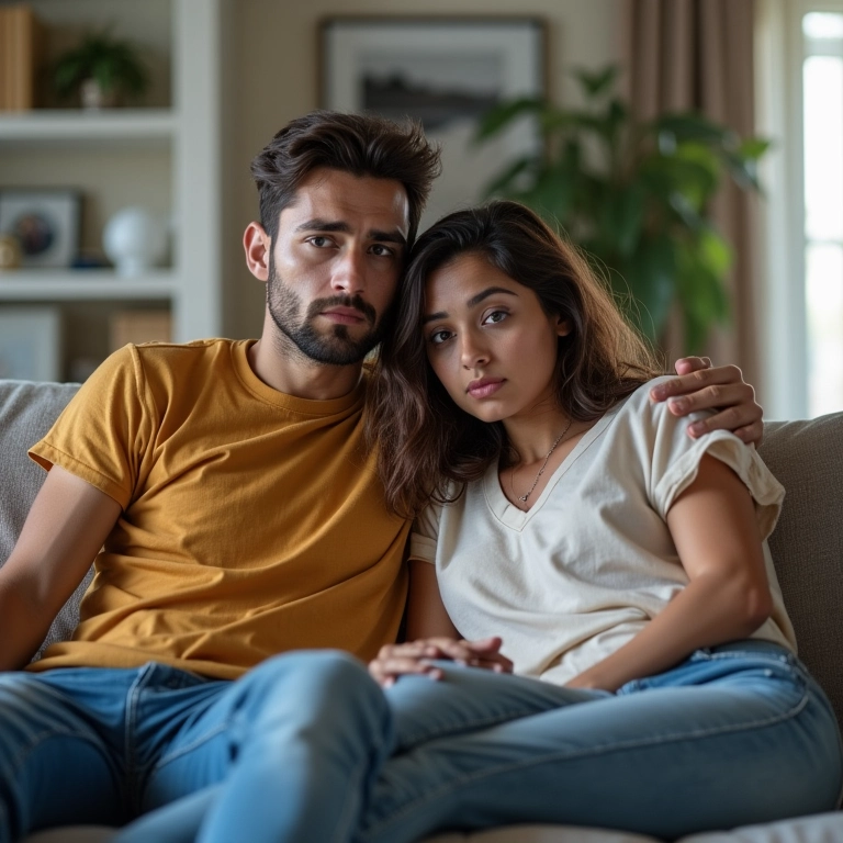 Casal preocupado sentado em sofá, representando consequências de não ter contrato de união estável.