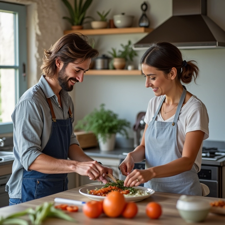 Casal preparando refeição em cozinha de hostel para economizar na viagem.